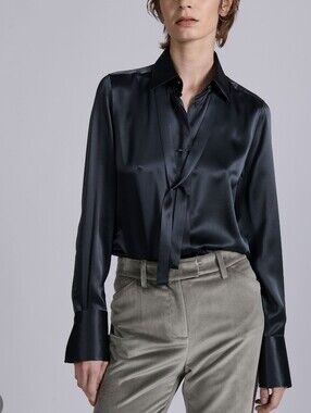 Black Button-Front Silk Blouse